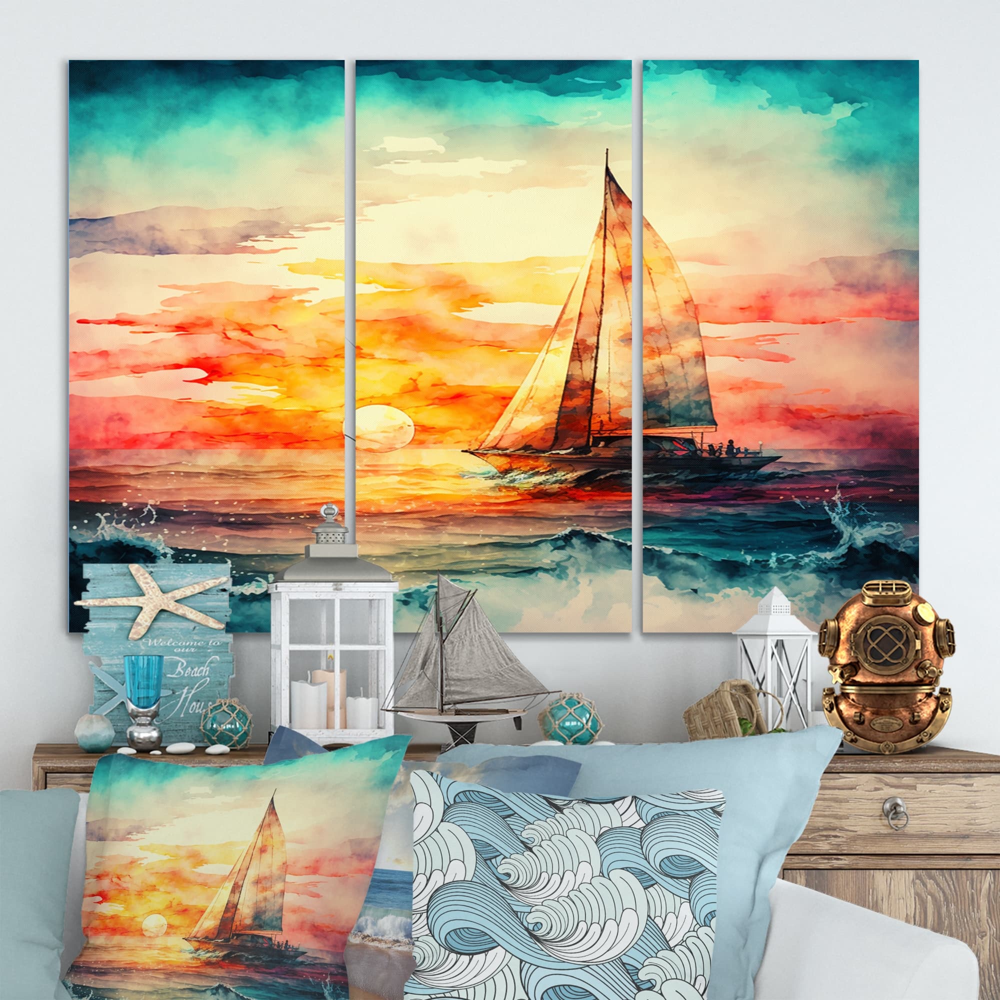 Designart "Sailboat On The Ocean Watercolor Sunset I" Coastal Boat